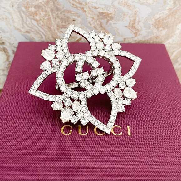 RUNWAY New! Gucci Strass Crystal Interlocking GG Flower Multi-Finger Ring - Picture 2 of 11